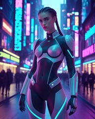 Gen Z Fashion Streetwear Cyberpunk Fashion Woman in Futuristic City, Cyberpunk Neon Woman with Sci-fi Suit, Cyberpunk Heroine in Neon Street