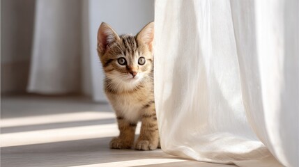 Curious kitten peeking out from behind a curtain, playing hide and seek in a sunny room