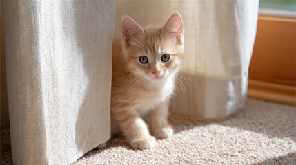 Curious kitten peeking out from behind a curtain, playing hide and seek in a sunny room