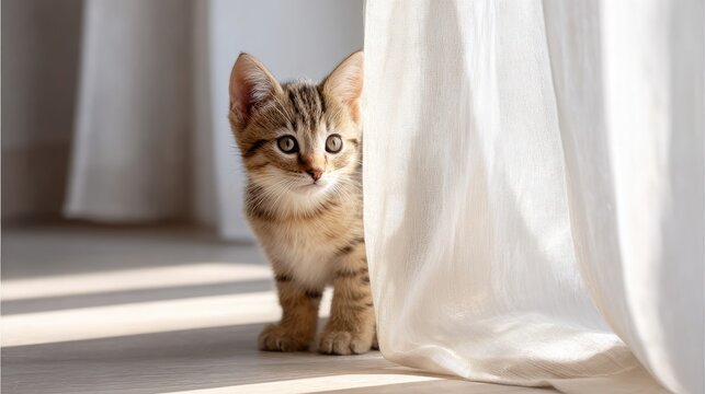 Curious kitten peeking out from behind a curtain, playing hide and seek in a sunny room
