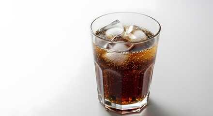 A glass of cola with ice cubes on a white surface showing bubbles and condensation on the glass surface
