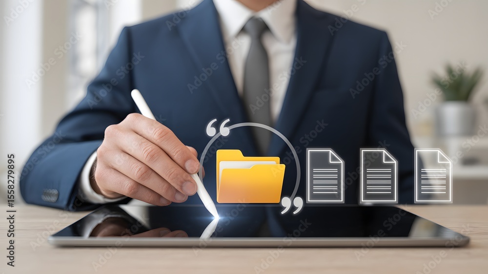Poster businessman using digital tablet with virtual folder management system for organizing documents and 