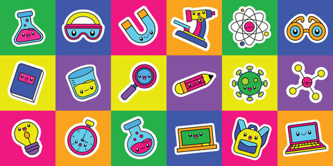 Set of cute kawaii science element sticker vector illustration