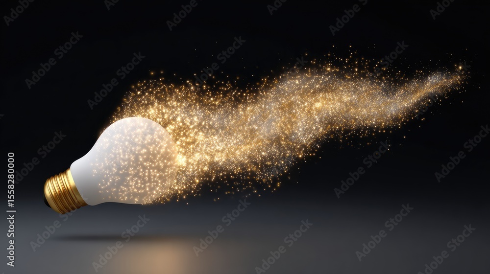 Poster exploding light bulb made from data particles on gradient dark background, symbolizing breakthrough 