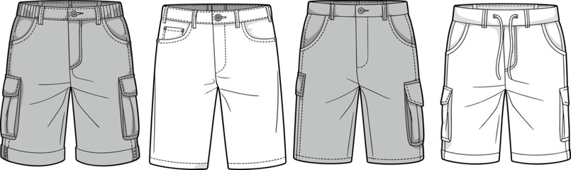 Boys cargo shorts front and back vector sketch, flat technical drawing, fashion CAD illustration for kidswear garment design template. © Titan