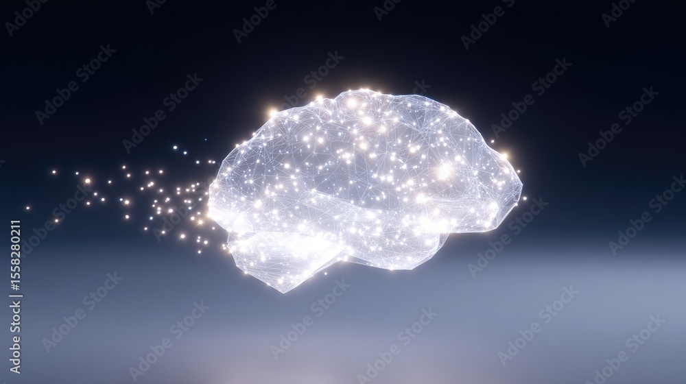 Aufkleber floating d wireframe brain shape made of light particles, creative intelligence abstract design