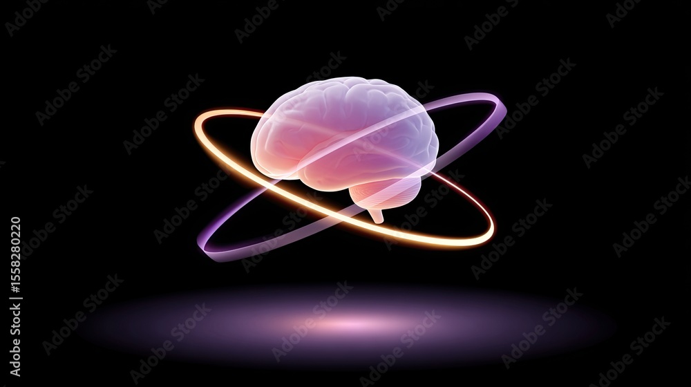 Poster floating brain with glowing rings orbiting it, abstract genius and knowledge visualization