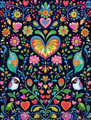 Colorful Folk Art Birds, Hearts, and Flowers Composition made with generating AI