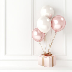 gift box with balloons against white wall made with generative AI