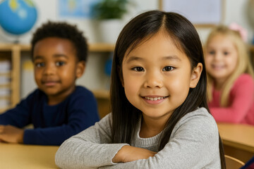Asian girl smiling at school desk with classmates in background
