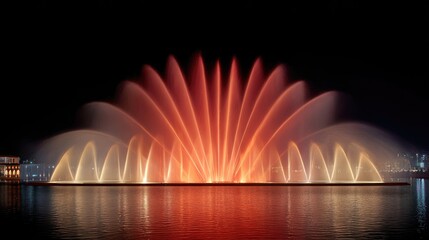Fountain show with bright red and golden hues lighting up dynamic arcs in perfect formation