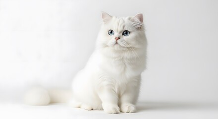 Obraz premium A fluffy white persian cat with striking blue eyes sitting against a white seamless background looking left