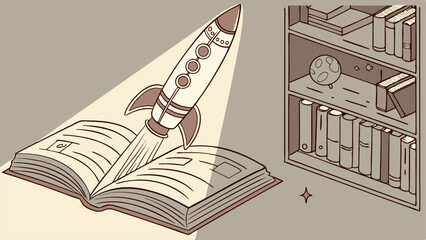 A rocket taking off from an open book with bookshelf and a planet in the background in sepia tone