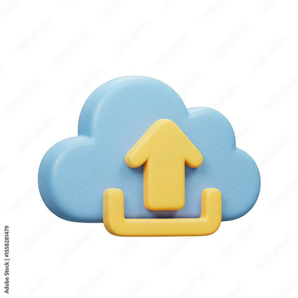 Poster 3d cartoon cloud upload icon with yellow arrow isolated on transparent background