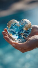 Hands holding heart-shaped crystal globe over water representing love for Earth and International Day of Peace ideal for ecological visuals, hope messages and global unity themes