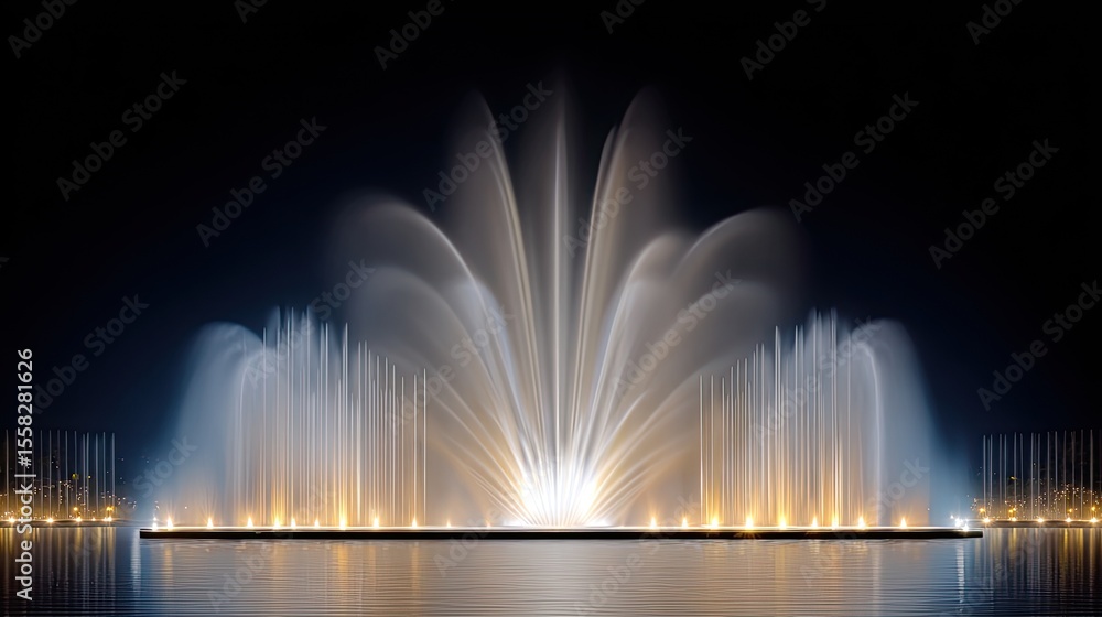 Poster musical fountain display creating shapes with illuminated jets under moonlight
