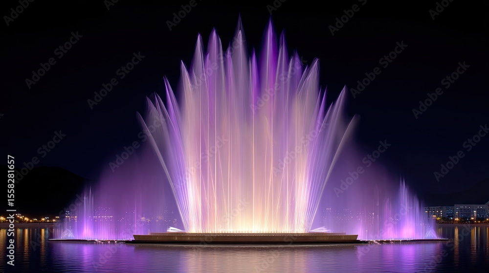 Poster musical fountain display creating shapes with illuminated jets under moonlight