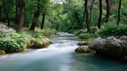 Fototapeta premium Long stream cascading down series of small falls into a peaceful forest river, soft light and harmony