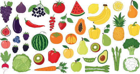 Obraz premium Illustration of various fruits and vegetables on a white background