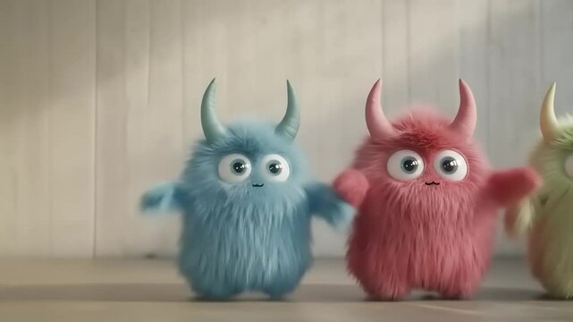 Cute fluffy monsters with wood background.