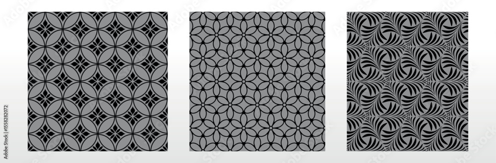 Poster geometric floral set of seamless patterns. gray and black vector backgrounds. damask graphic ornamen