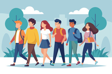 Obraz premium Group of young people enjoying a leisurely walk in a city park on a sunny day, engaging in conversation and camaraderie with scenic greenery around them