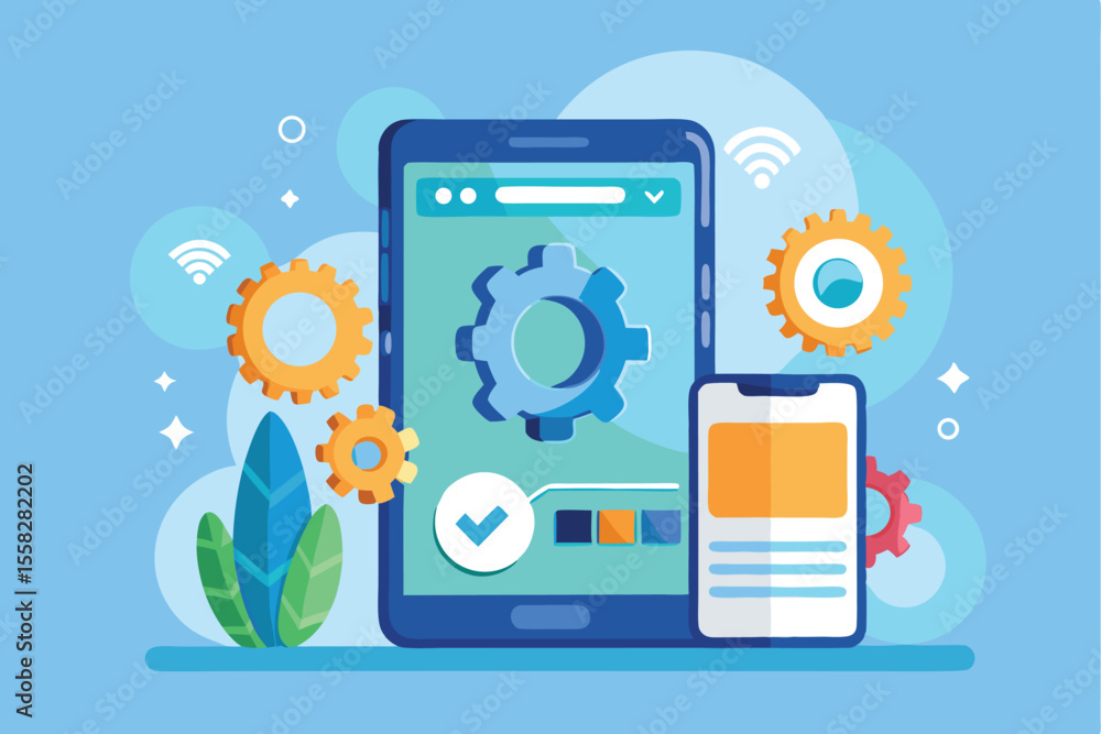 Poster smartphone software update screen with gears and icons in a modern flat vector design showcasing tec