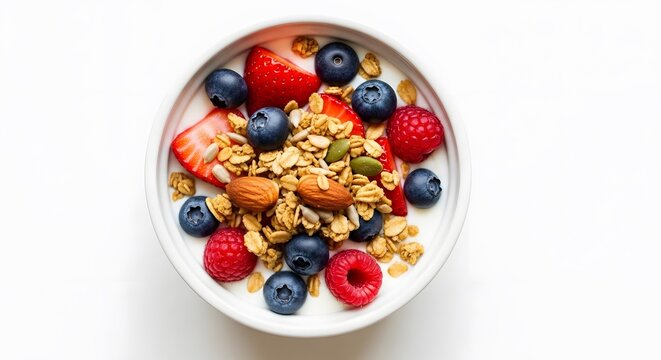 A bowl of yogurt with granola, almonds, blueberries, strawberries and raspberries on a white background