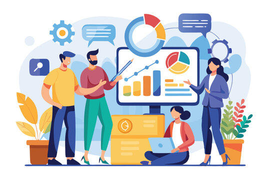 Group of professionals collaborating to analyze business data and generate insights through charts and graphs in a modern office environment