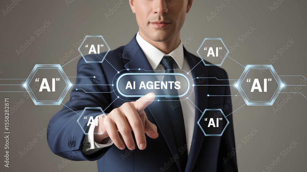 Poster businessman activating artificial intelligence agents virtual interface with innovative ai technolog