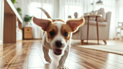 Funny small dog joyfully running across the parquet floor in a cozy living room, Small funny pet dog at home run the parquet floor and jump on a couch with pregnant woman - Powered by Adobe