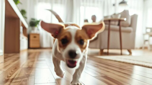 Funny small dog joyfully running across the parquet floor in a cozy living room, Small funny pet dog at home run the parquet floor and jump on a couch with pregnant woman