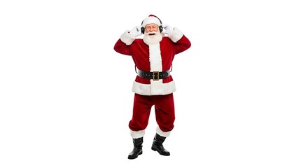 Santa claus in full costume standing with headphones on a white background listening to music happily