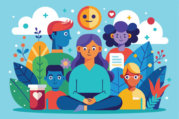 Naklejka premium Understanding mental health challenges through abstract illustration featuring diverse individuals and symbols of care and support