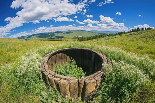 Historic Water Shaft in Altai Mountains Surrounded by Ancient Cannabis and Fleabane Grasses
