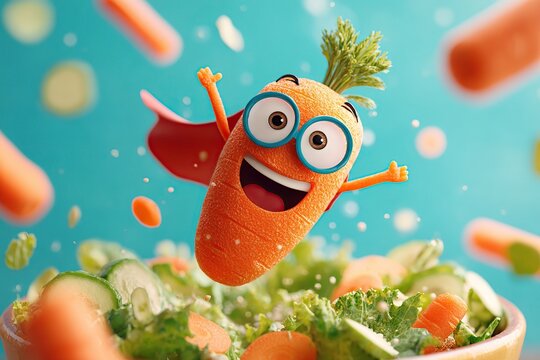 Carrot superhero with tiny cape celebrates in a vibrant salad bowl with flying vegetables
