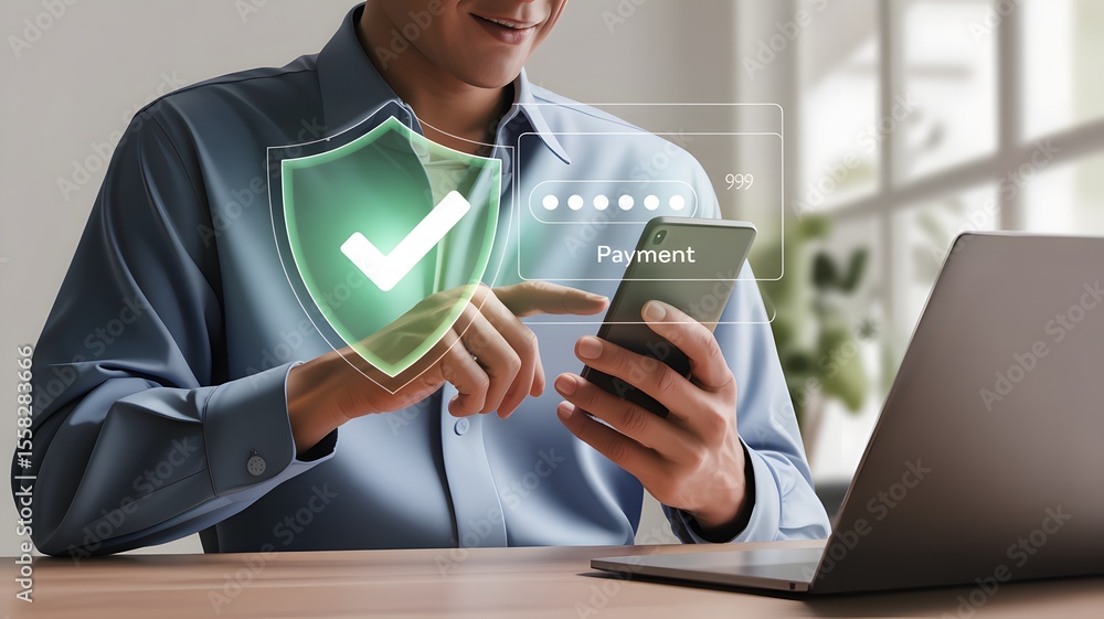 Poster man using smartphone for secure online payment with digital shield protection financial transaction 