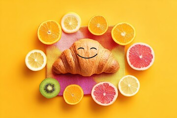 Enjoying yoga practice on a colorful napkin surrounded by fruits and wellness vibes