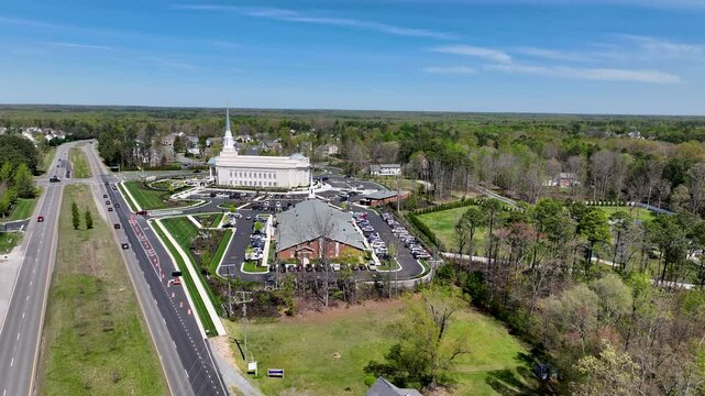 Aerial LDS Temple and church Richmond Virginia. The Church of Jesus Christ of Latter-day Saints, LDS, Mormon Church. Christian religion. Spiritual sacred church. Urban neighborhood