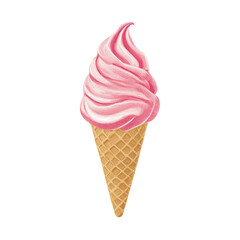 Delicious pink swirl ice cream in a waffle cone, perfect for summer treats and desserts.