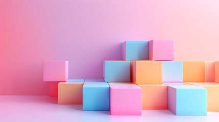 Obraz premium Pastel Colored Cubes Arrangement on Pink Gradient Background, Minimalist Composition and Modern Aesthetic