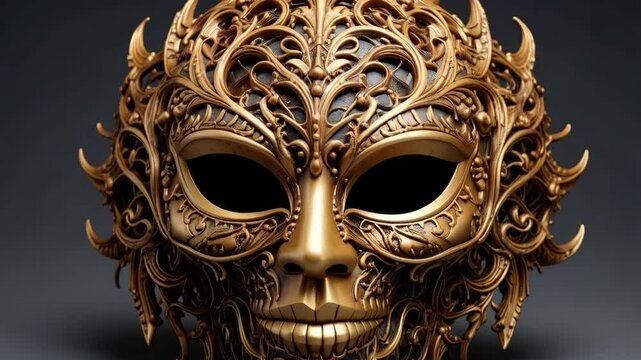 Ornate golden carnival mask with intricate scrollwork and floral details on a dark gray background in a studio setting.