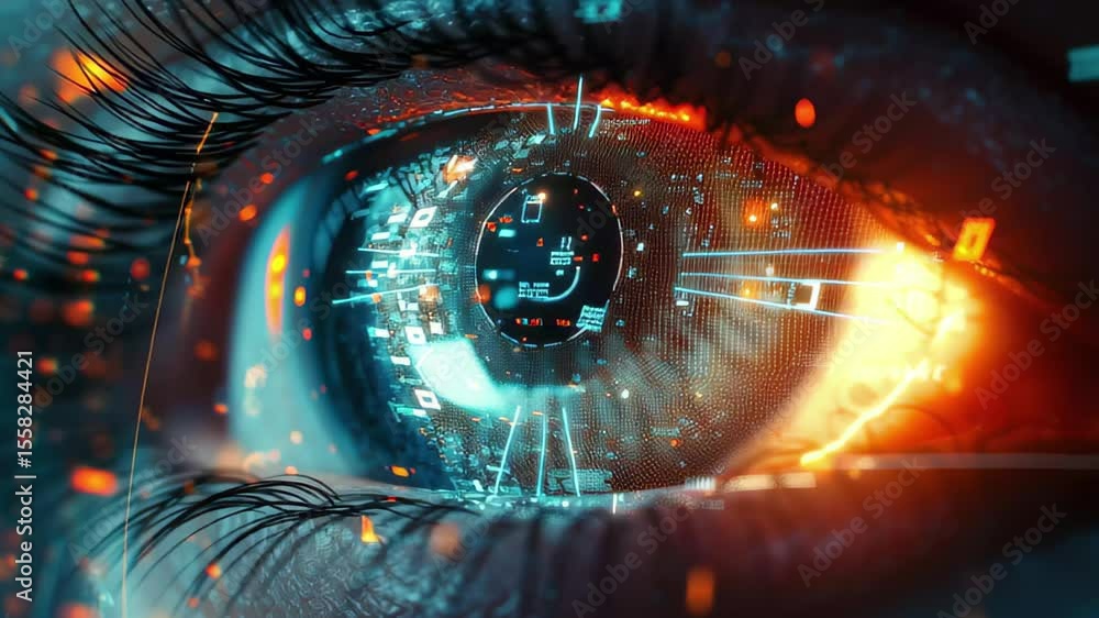 Poster futuristic data visualization reflected in a human eye showcasing advanced technology, wide view of 