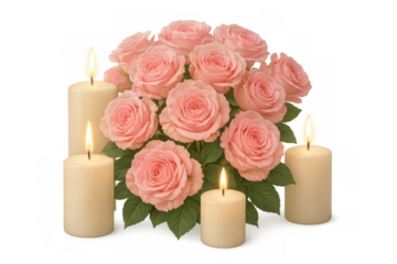 Delicate pink rose arrangement nestled among glowing candles, evoking romantic ambiance against transparent backdrop