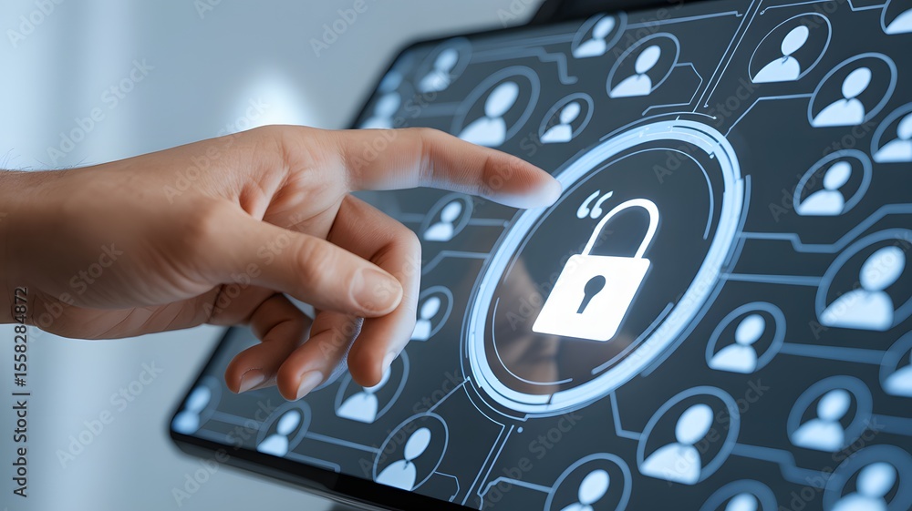 Poster hand touching digital lock icon on tablet screen cybersecurity data privacy protection network acces