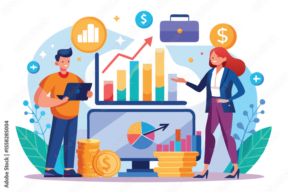 Poster characters discussing investment strategies and analyzing stock market data with digital graphics an