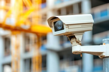 Vigilant Surveillance: Security Camera Overseeing Active Construction Site in Soft Focus