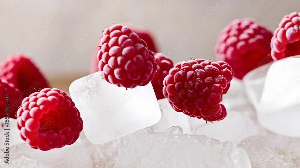 Poster fresh raspberries placed on ice cubes, creating a refreshing and vibrant visual composition.