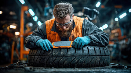 A worker examines a used tire in a junkyard