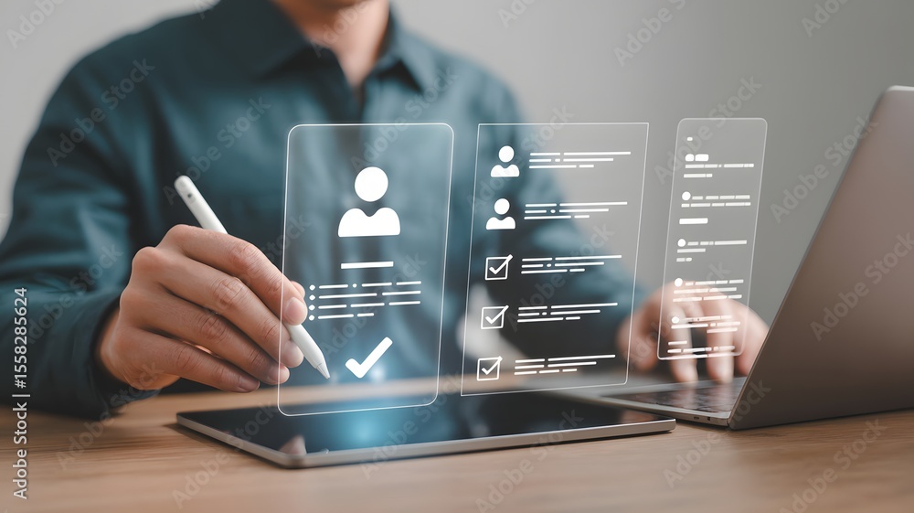 Poster man using tablet and stylus for digital resume screening virtual candidate selection human resources